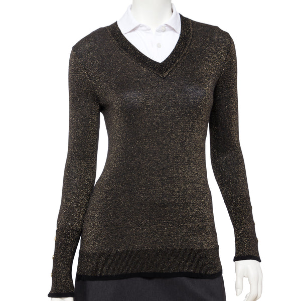 Long Sleeve Lurex Plaited V Neck Pullover - EPNY