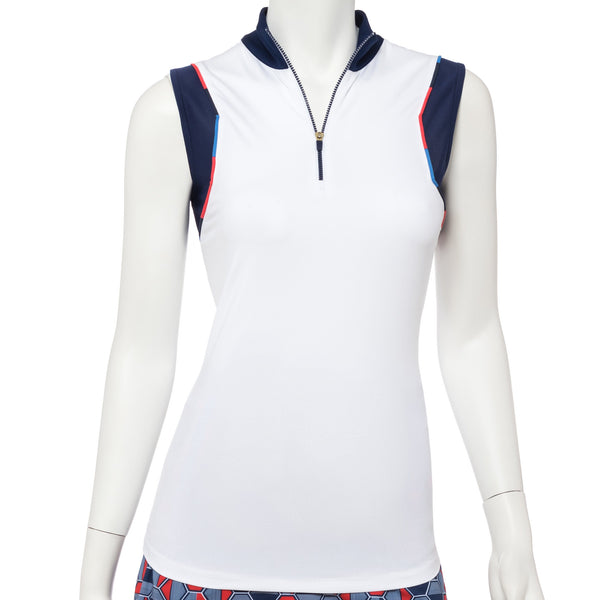 Sleeveless Variegated Piping Trim Zip Mock Polo - EPNY