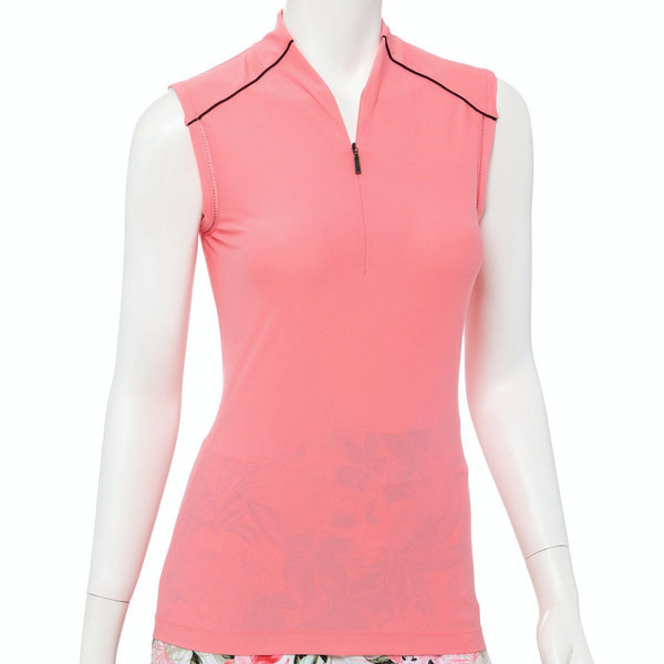 Sleeveless Fagotting Trim Zip Mandarin Collar Polo