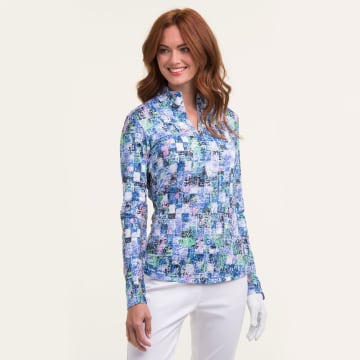 LONG SLEEVE WATERCOLOR TILE ZIP MOCK - LONG SLEEVE WATERCOLOR TILE ZIP MOCK