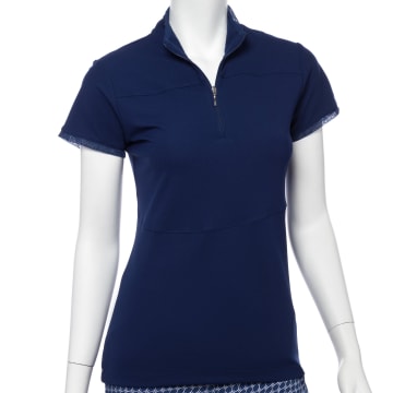 Cap Sleeve Stud Tape Trim Zip Mock Polo - SALE