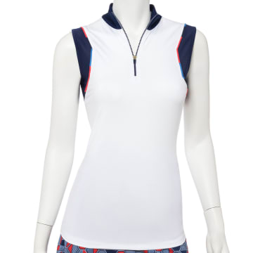 Sleeveless Variegated Piping Trim Zip Mock Polo - SALE