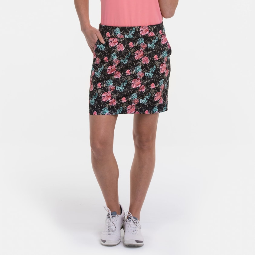17.5 INCH RAINFOREST LAYERED LEAVES PRINT FAGOTTING & TAPE TRIM SKORT
