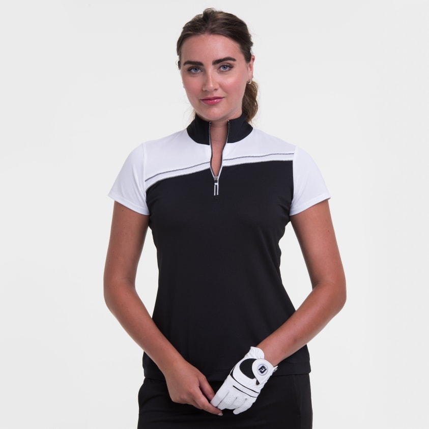 Cap Sleeve Zip Mock Polo w/ Piping
