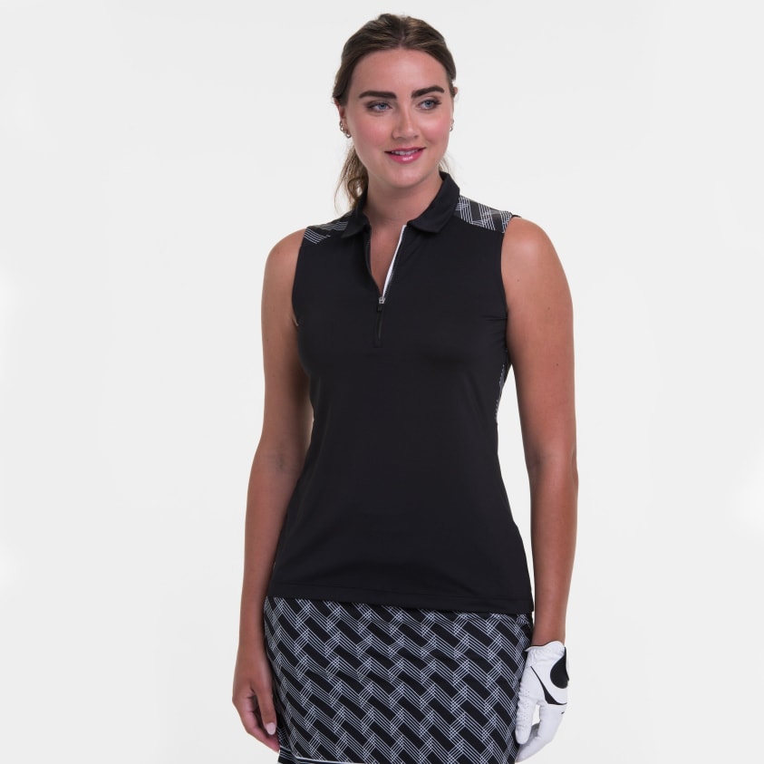 Sleeveless Zip Mock Polo w/ Trim Detail