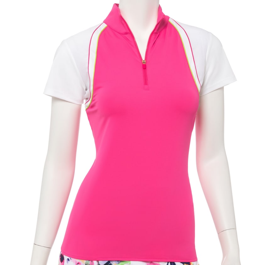 Cap Sleeve Curved Blocked Zip Mock Polo - EPNY