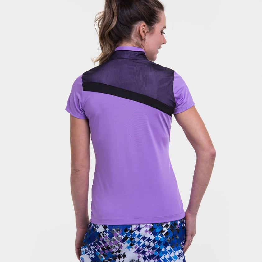 Cap Sleeve Mesh Overlay Contrast Trim Zip Mock Polo