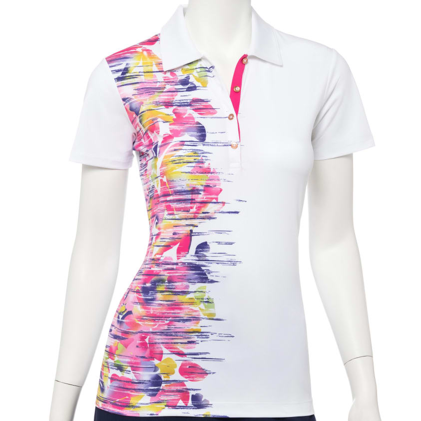 Short Sleeve Placed Striated Abstract Floral Print Polo - EPNY