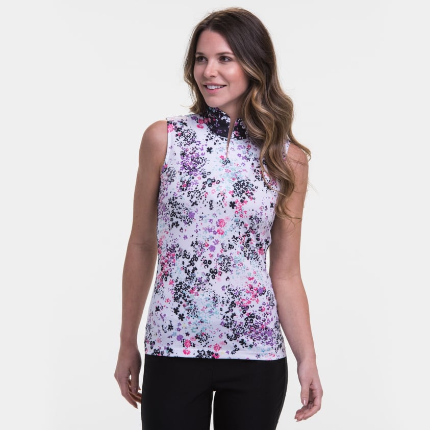 Sleeveless Fall Scattered Floral Print Mix Convertible Collar Polo